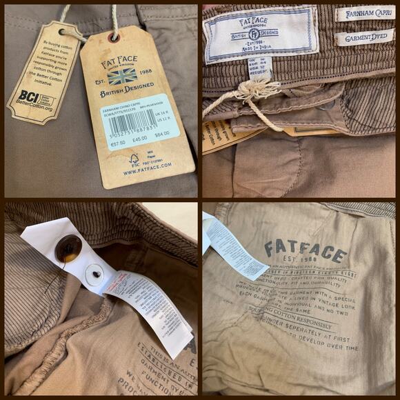 FAT FACE FARNHAM Chino Capris Pearwood Brown Cotton/Elastane Sz 12 \ NWT - Picture 15 of 15